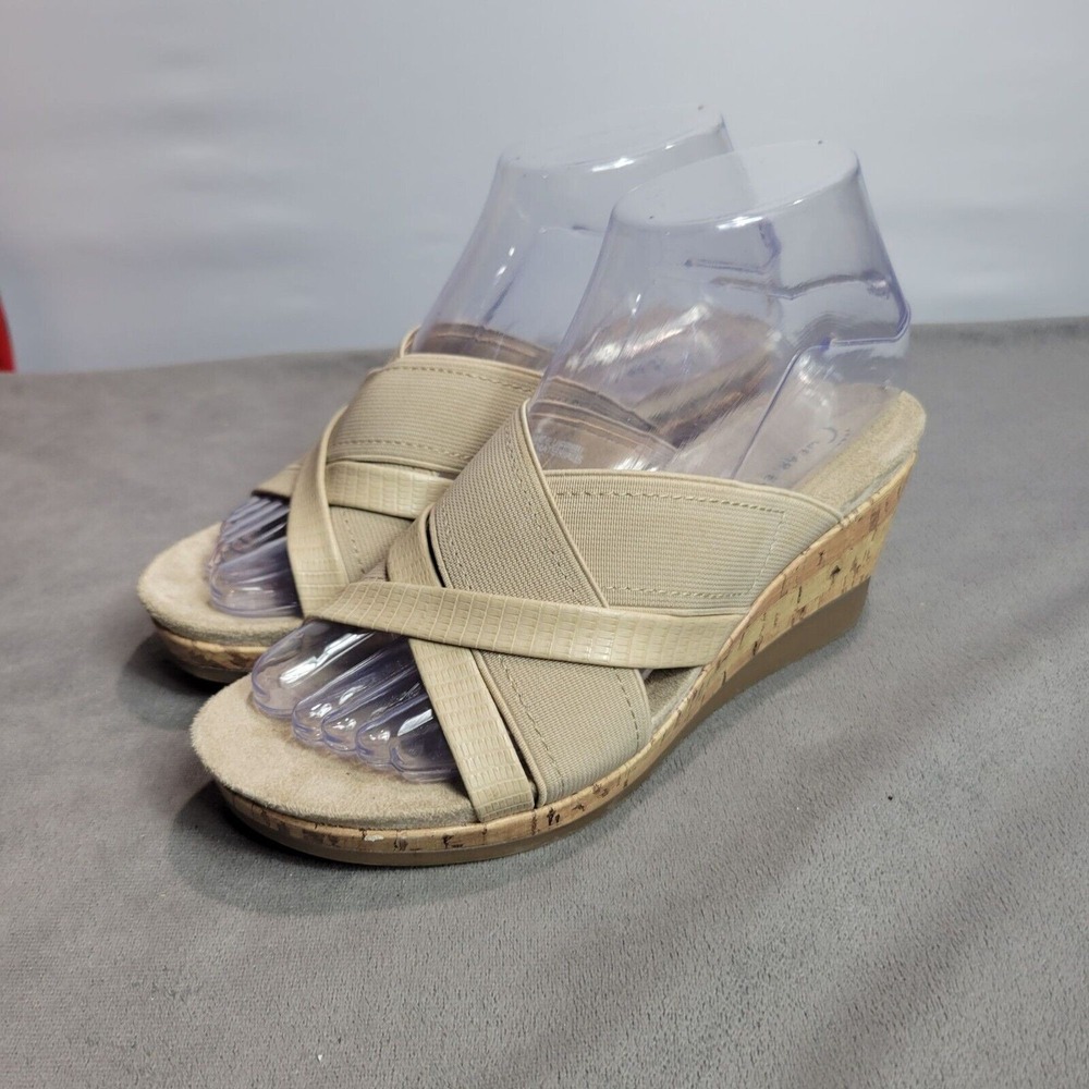 Wear‎ Ever Stretchy Comfort Slip On Boho Heels Beige Cork Wedge Sandals Size 6